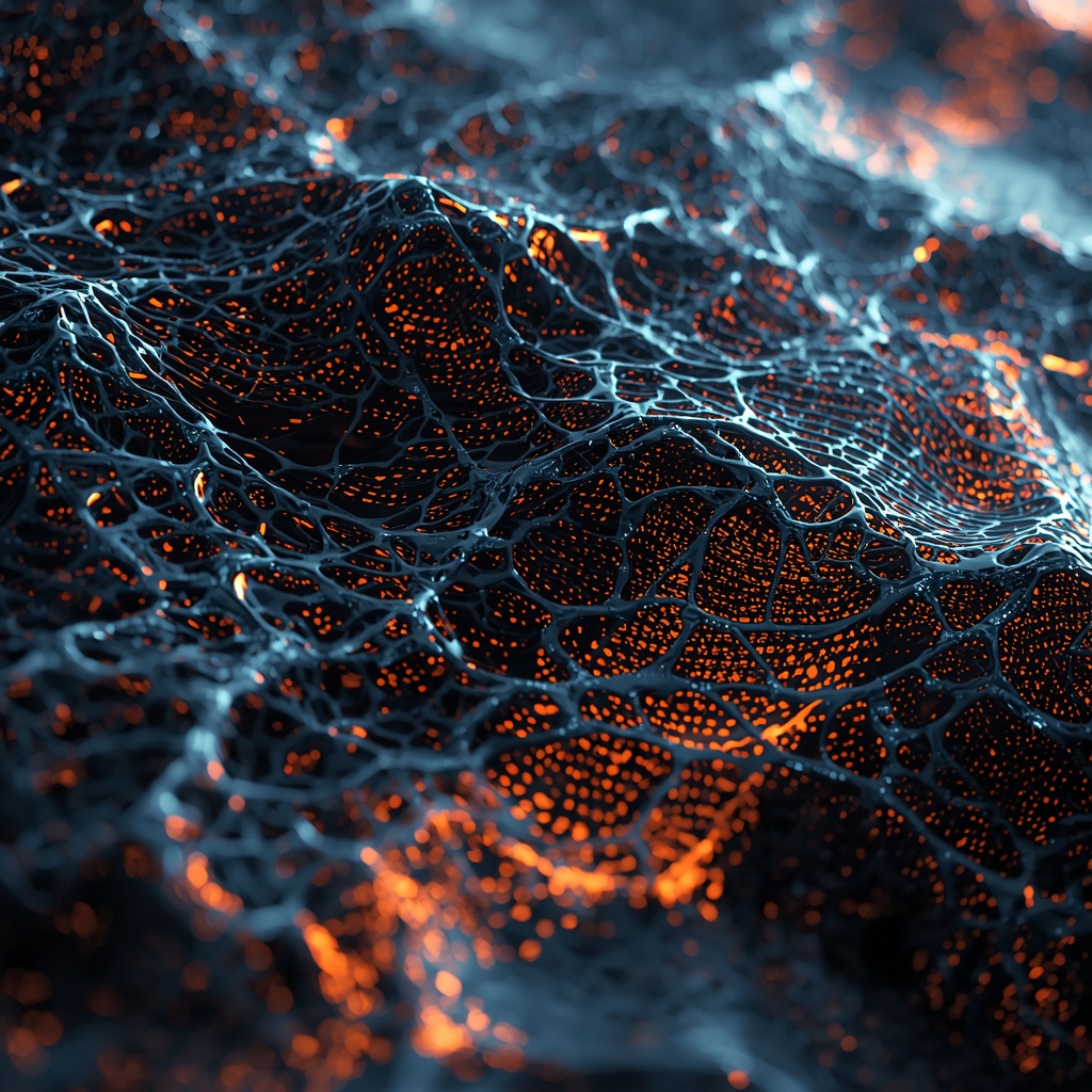 A close-up of a high-tech digital canvas showing intricate procedural patterns, liquid metal textures, bioluminescent colors, macro photography style, sleek design. No people.