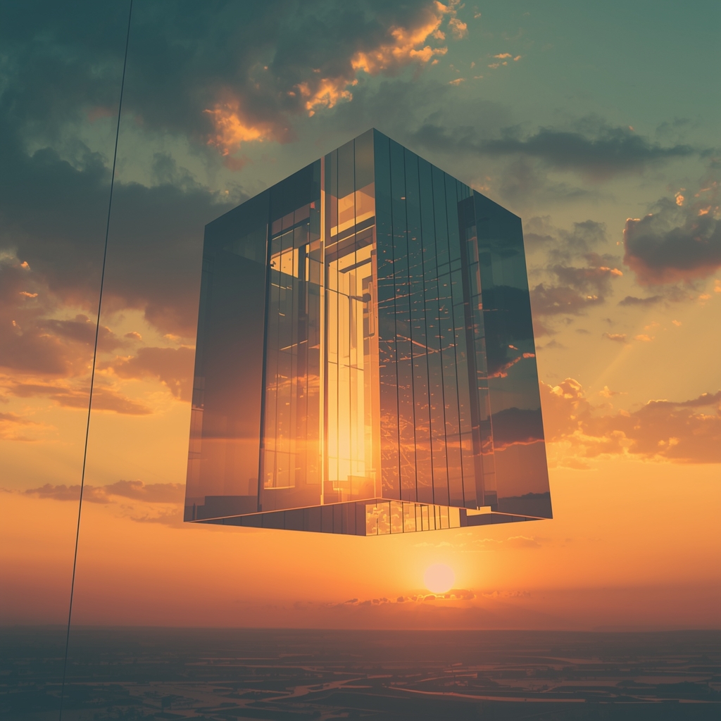 A floating architectural structure made of light and mirrors, set against a sunset sky, surrealism, digital painting style. No people.